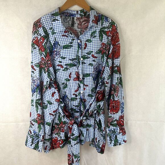Massini Gingham Floral Boho Blouse Size Large Bold Cottage Core Whimsical - Picture 8 of 9